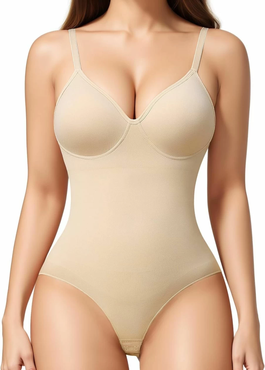 BRABIC Women's Seamless Tummy Control Shapewear Bodysuit - Backless V-Neck Camisole with Built-In Bra