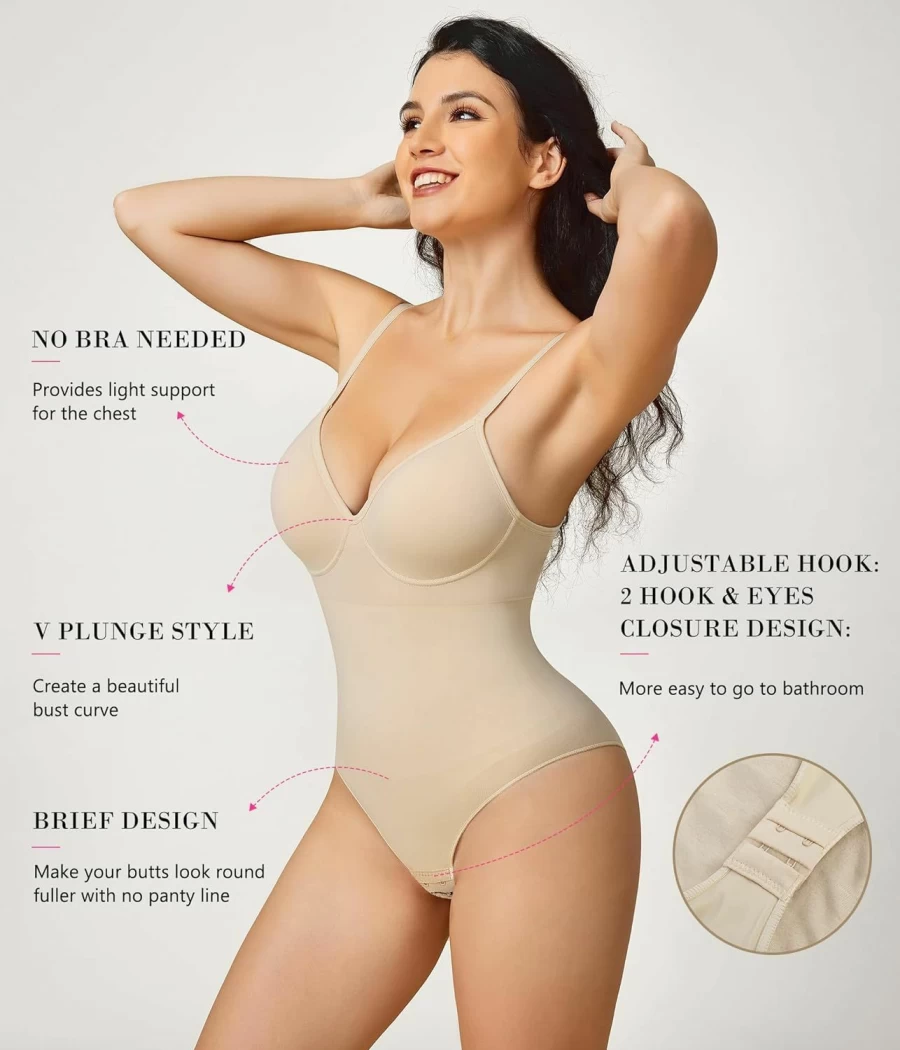 BRABIC Women's Seamless Tummy Control Shapewear Bodysuit - Backless V-Neck Camisole with Built-In Bra