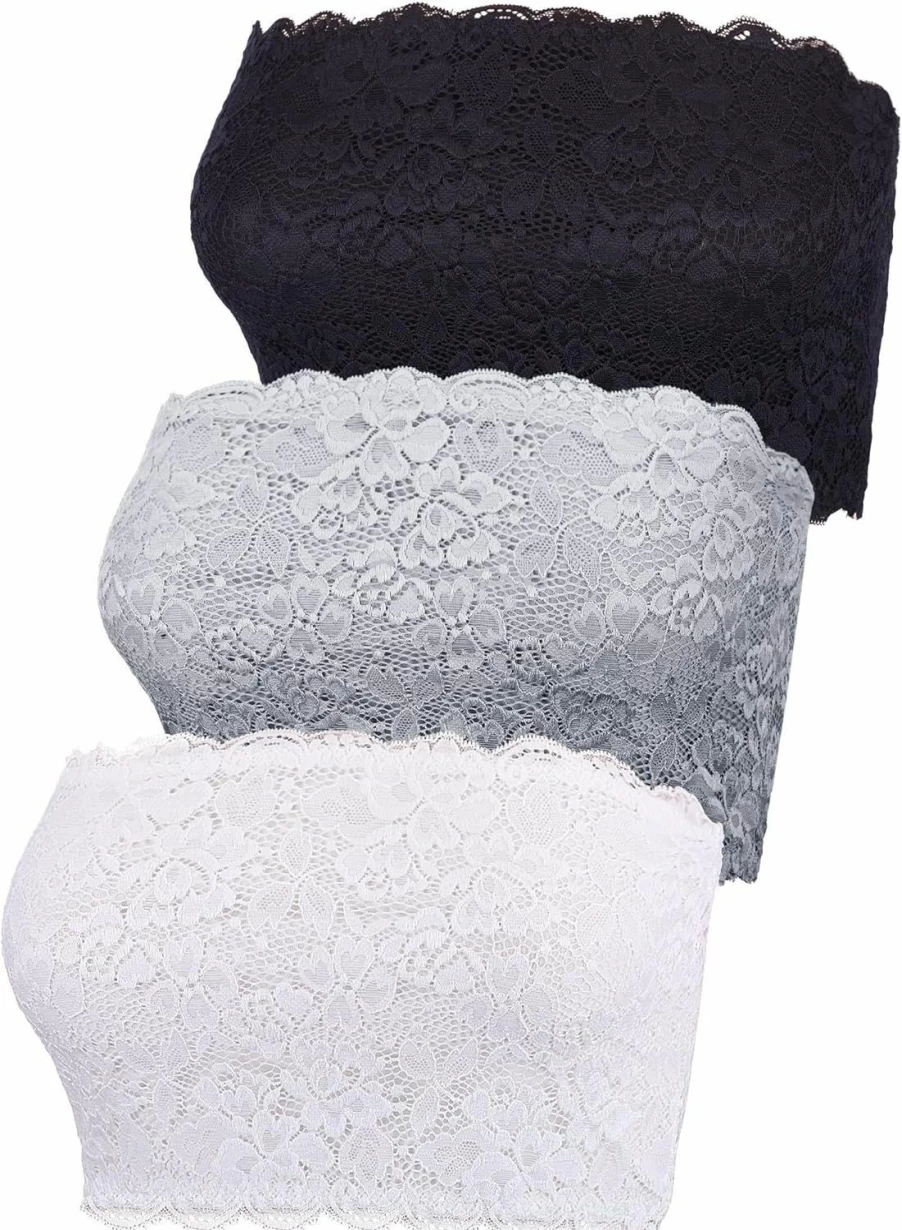 Boao Women's 3-Piece Floral Lace Bandeau Bra Set - Seamless Strapless Tube Top & Stretchy Chest Wrap for Comfort