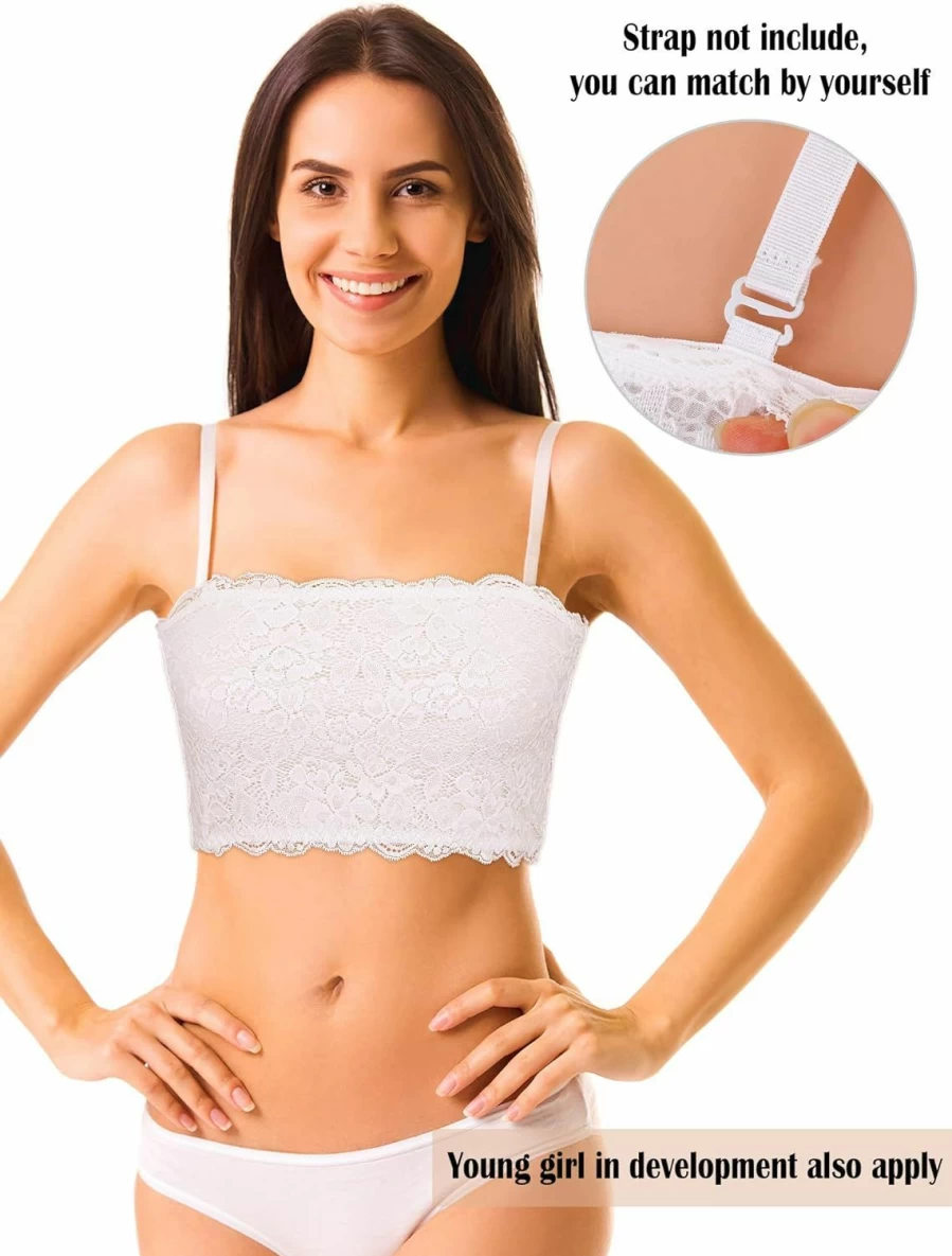Boao Women's 3-Piece Floral Lace Bandeau Bra Set - Seamless Strapless Tube Top & Stretchy Chest Wrap for Comfort