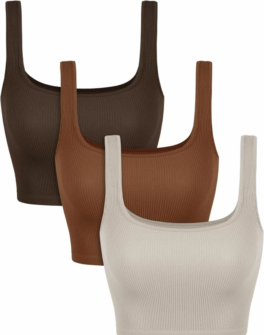 ODODOS Women's 3-Pack Seamless Ribbed Crop Tops - Square Neck Low Back Soft Knit Tank Tops