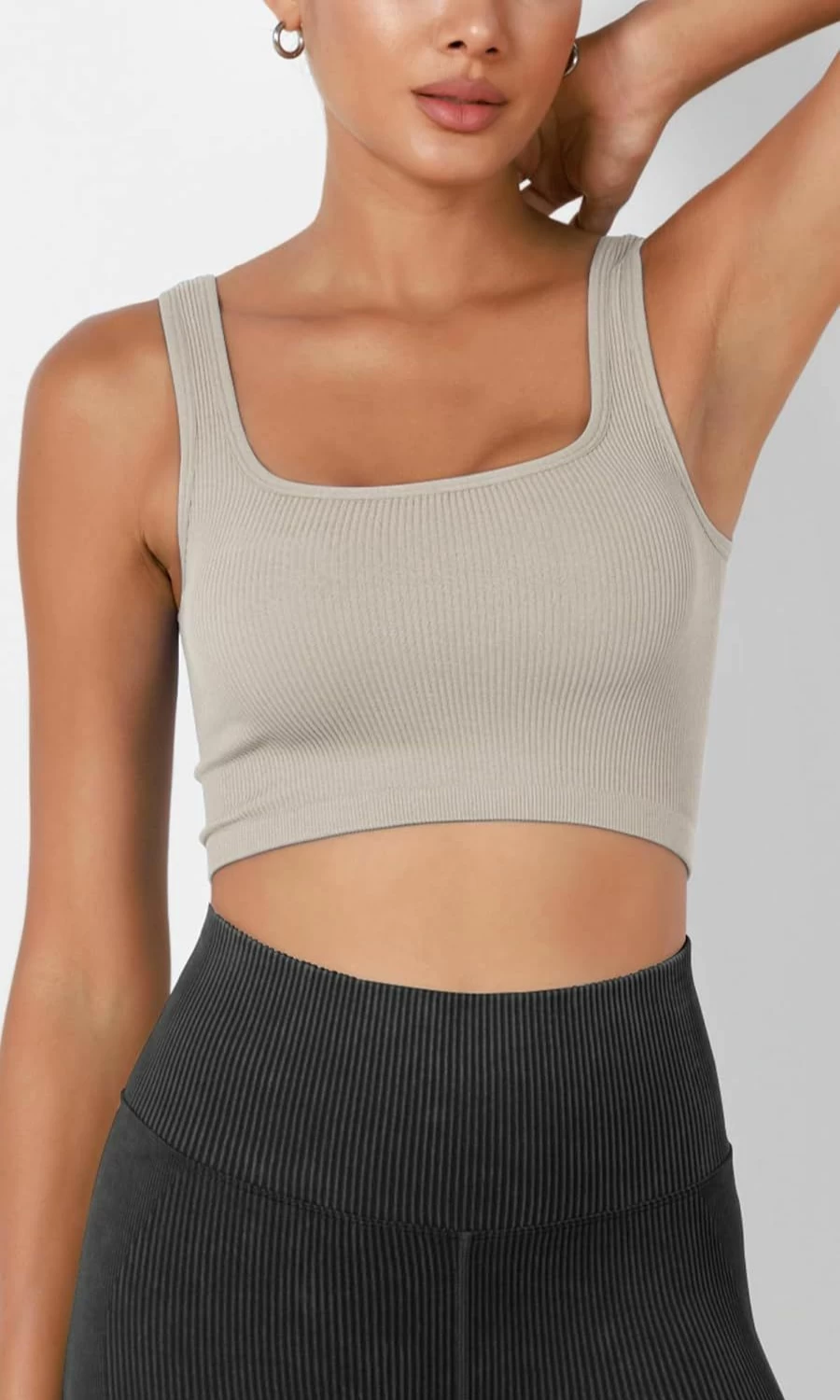 ODODOS Women's 3-Pack Seamless Ribbed Crop Tops - Square Neck Low Back Soft Knit Tank Tops