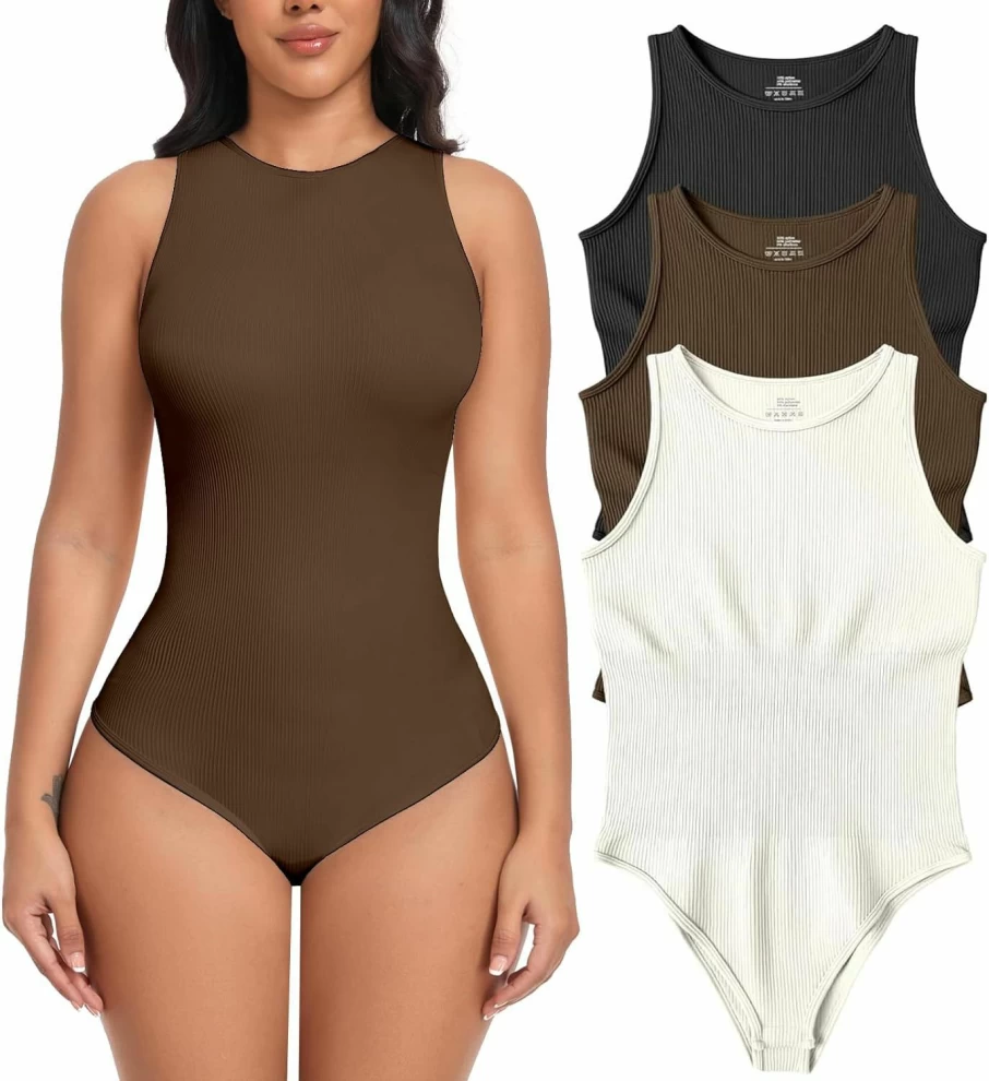 ENSDOAR Women's Sexy Ribbed Halter Neck Bodysuit - 3 Piece Sleeveless Tank Top Shapewear Set