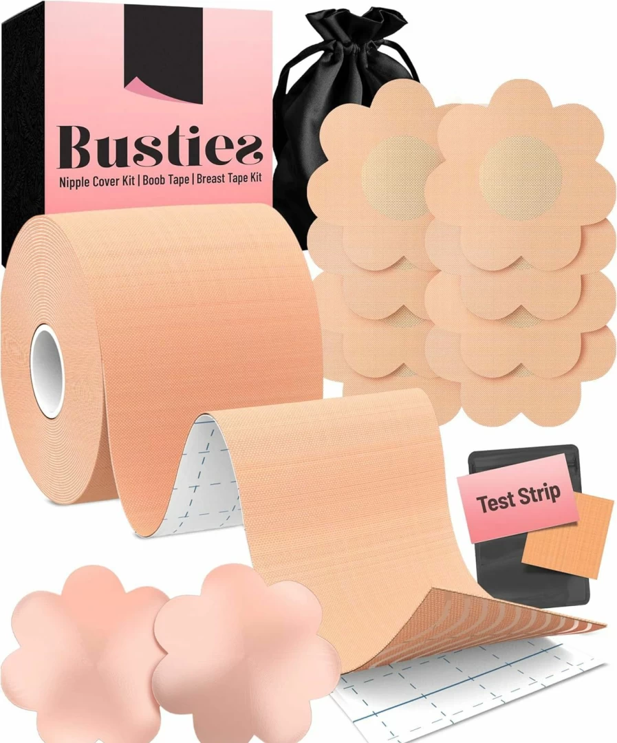 Busties Breast Lift Tape Kit - 12 Pcs Boob Tape with Nipple Covers & Petals, Universal Fit for Large Breasts, Nude Body Adhesive for Women, No Bra Needed