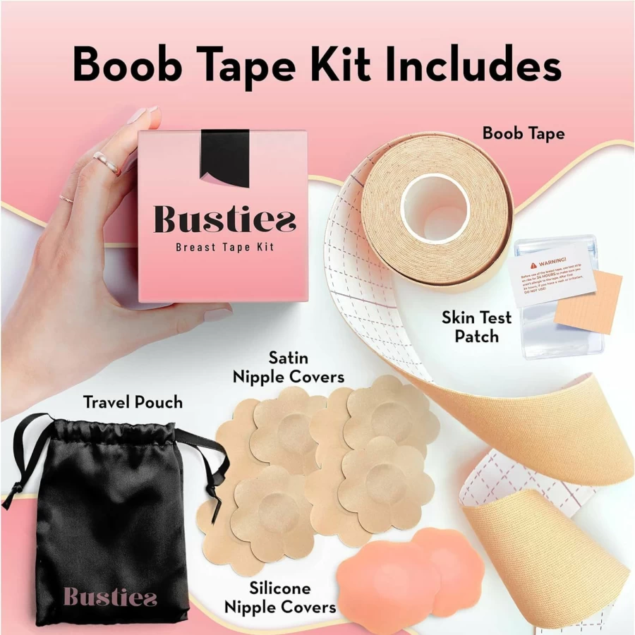 Busties Breast Lift Tape Kit - 12 Pcs Boob Tape with Nipple Covers & Petals, Universal Fit for Large Breasts, Nude Body Adhesive for Women, No Bra Needed