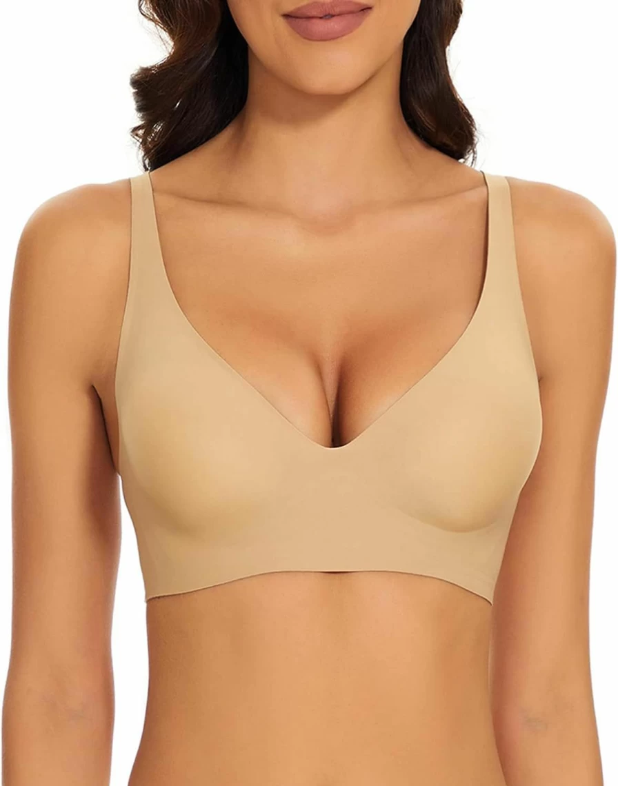Haullps Wireless Seamless Deep V Plunge Bra for Women - Invisible Comfort with Removable Padding