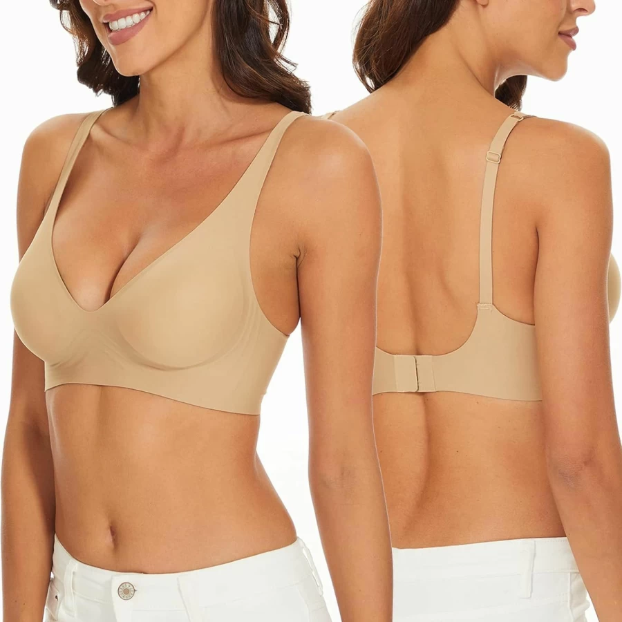 Haullps Wireless Seamless Deep V Plunge Bra for Women - Invisible Comfort with Removable Padding
