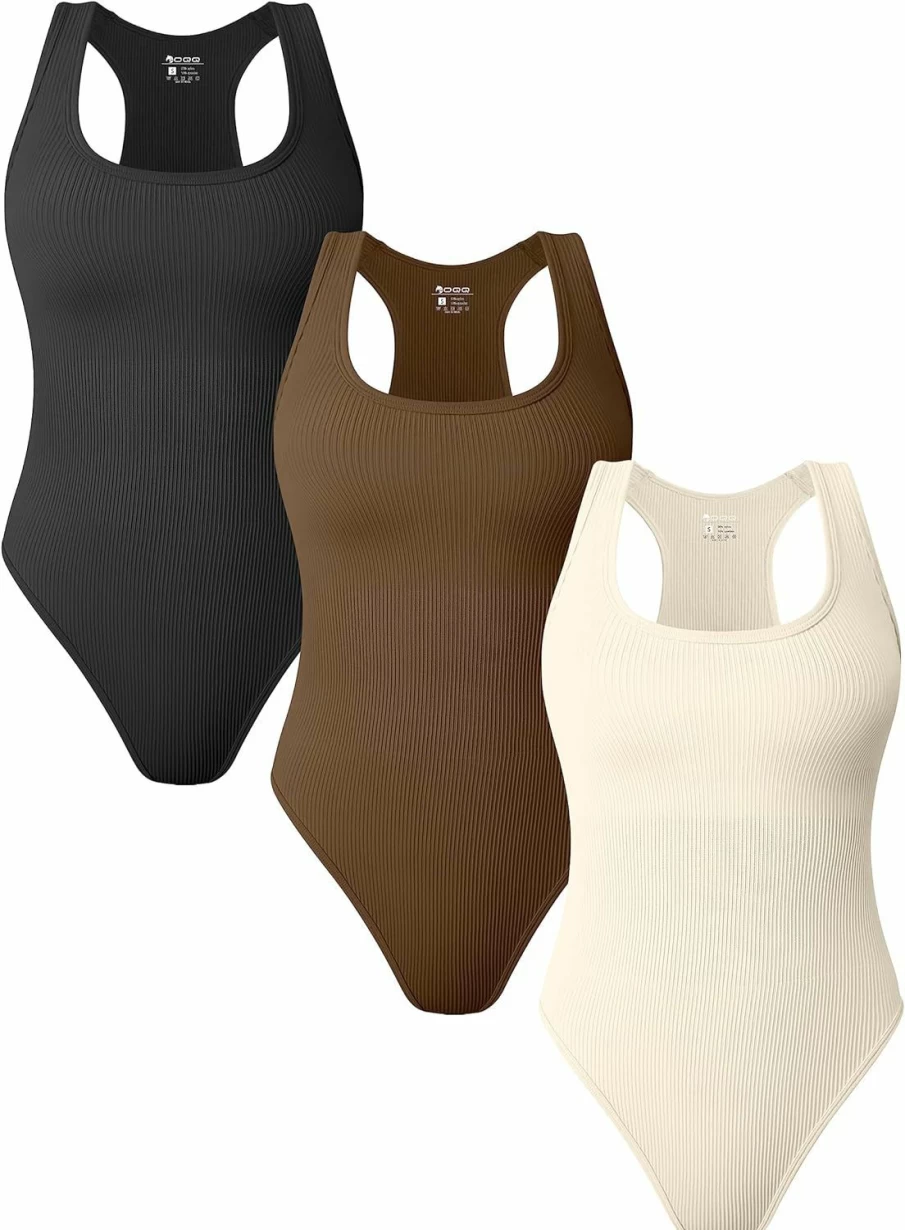 OQQ Women's Sexy Ribbed Bodysuit 3-Piece Set - Sleeveless Racerback Tank Tops for Women