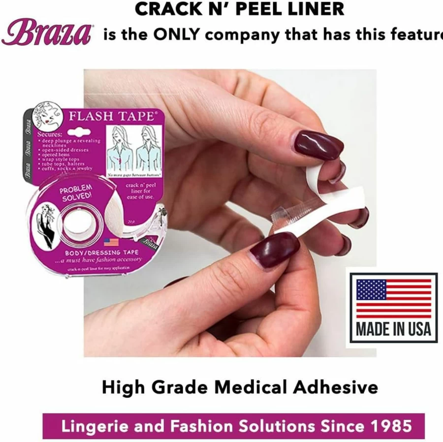 Braza Flash Tape - Double Sided Clear Adhesive Tape for Clothing, Fabric, Body & Fashion, No Residue, Strong Hold, Invisible Support