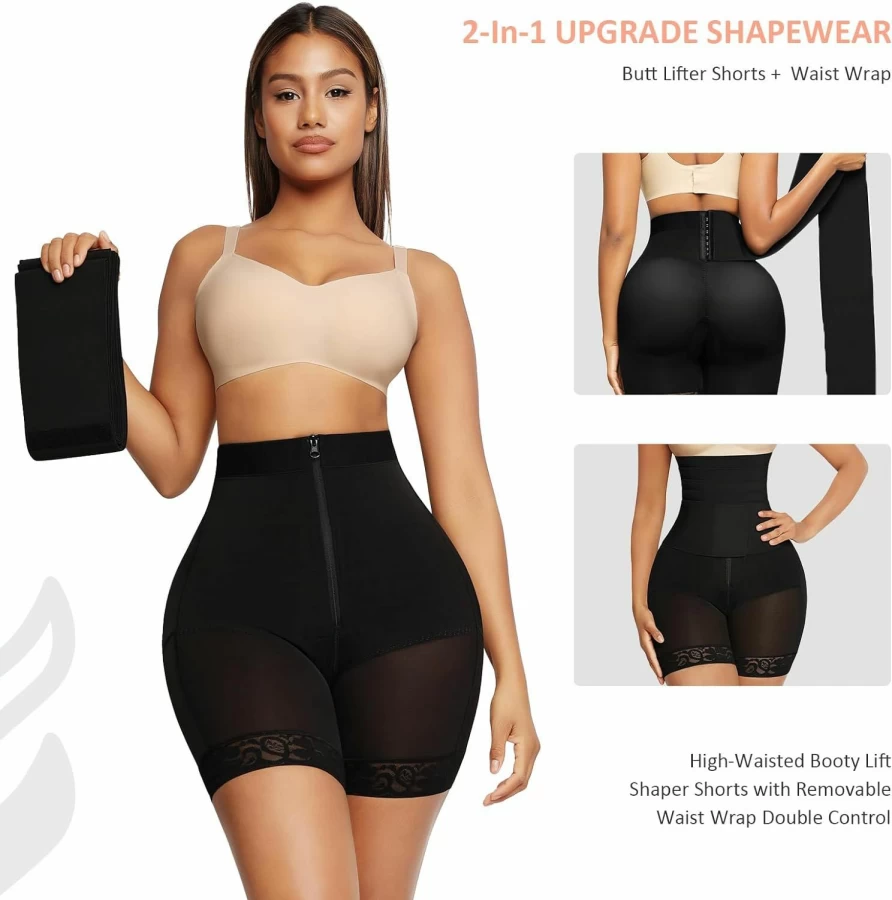 FeelinGirl Women's Shapewear Shorts - Tummy Control, Butt Lifting, Thigh Slimming with Removable Waist Wrap
