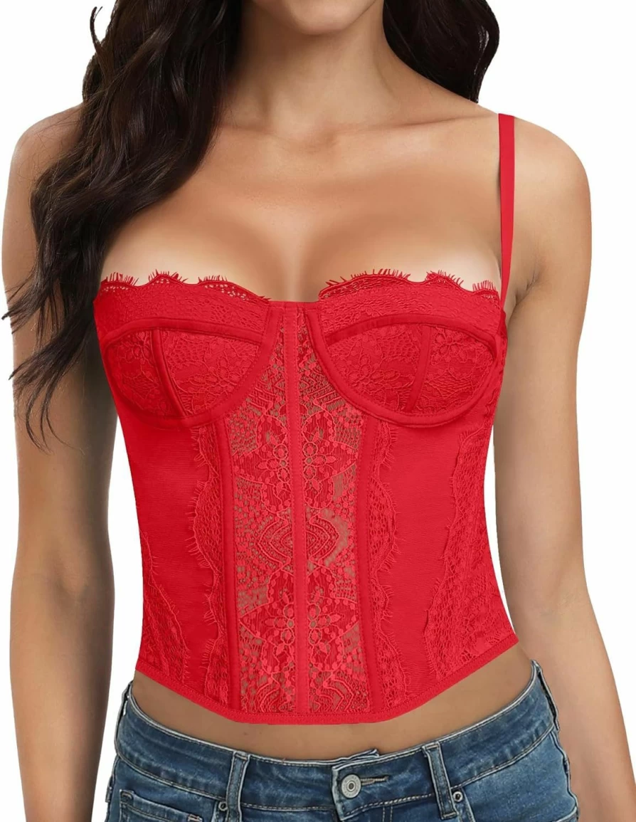 AENLLEY Women's Sexy Lace Bustier Corset Top with Buckle Detail - Fashionable Crop Top for Going Out