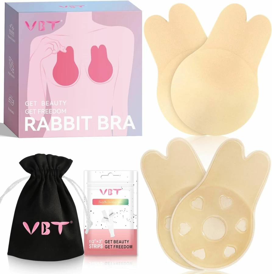 VBT Invisible Sticky Bra Push Up - 2 Pack Adhesive Strapless Backless Bra for Women, Nipple Coverage, Beige