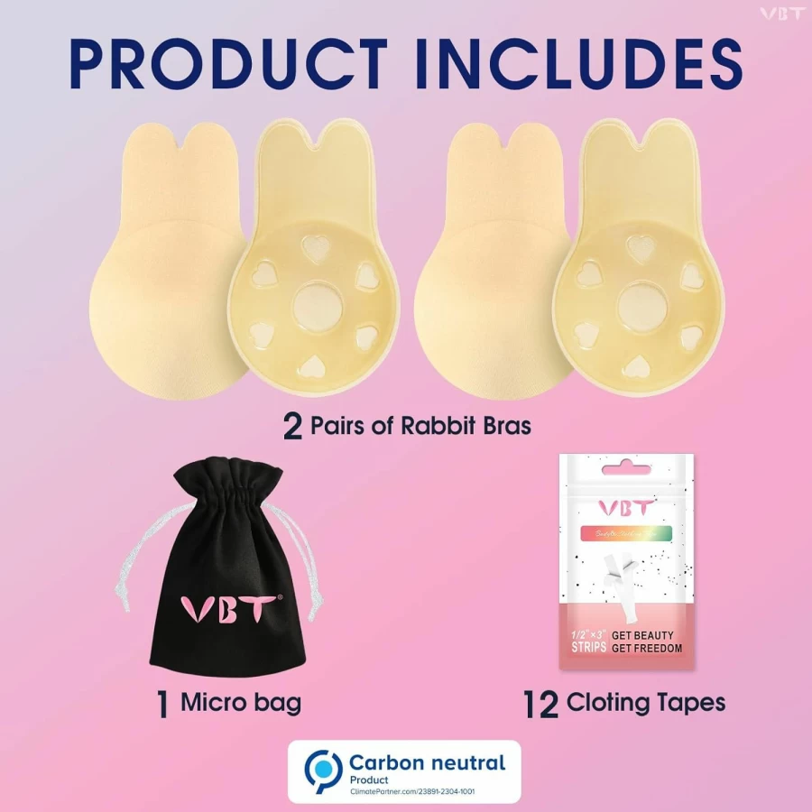 VBT Invisible Sticky Bra Push Up - 2 Pack Adhesive Strapless Backless Bra for Women, Nipple Coverage, Beige