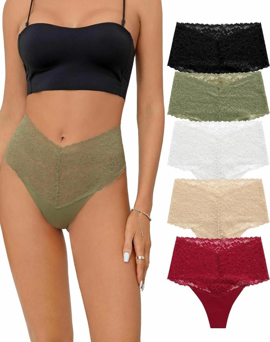 SHARICCA Women's High Waist Seamless Thong Panties - Floral Lace Underwear, Soft Comfortable Sexy Underwear 3-Pack