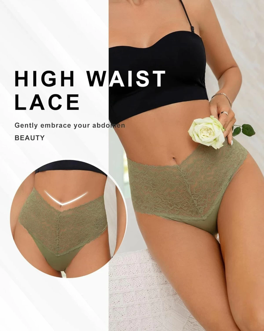 SHARICCA Women's High Waist Seamless Thong Panties - Floral Lace Underwear, Soft Comfortable Sexy Underwear 3-Pack