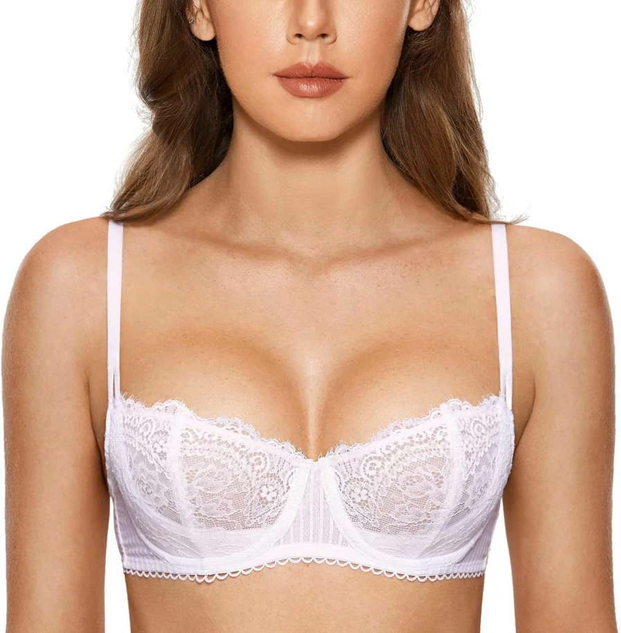 DOBREVA Women's Plus Size Lace Balconette Push Up Bra with Underwire - Sheer See Through Design