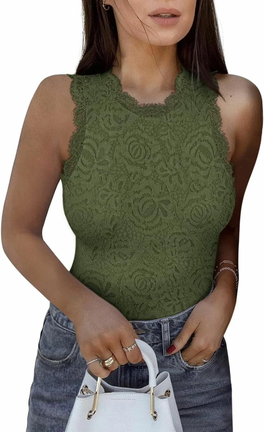 REORIA Women's Lace Bodysuit - Sexy Sleeveless Racerback Halter Neck Tank Top