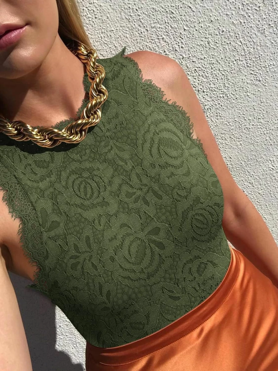 REORIA Women's Lace Bodysuit - Sexy Sleeveless Racerback Halter Neck Tank Top