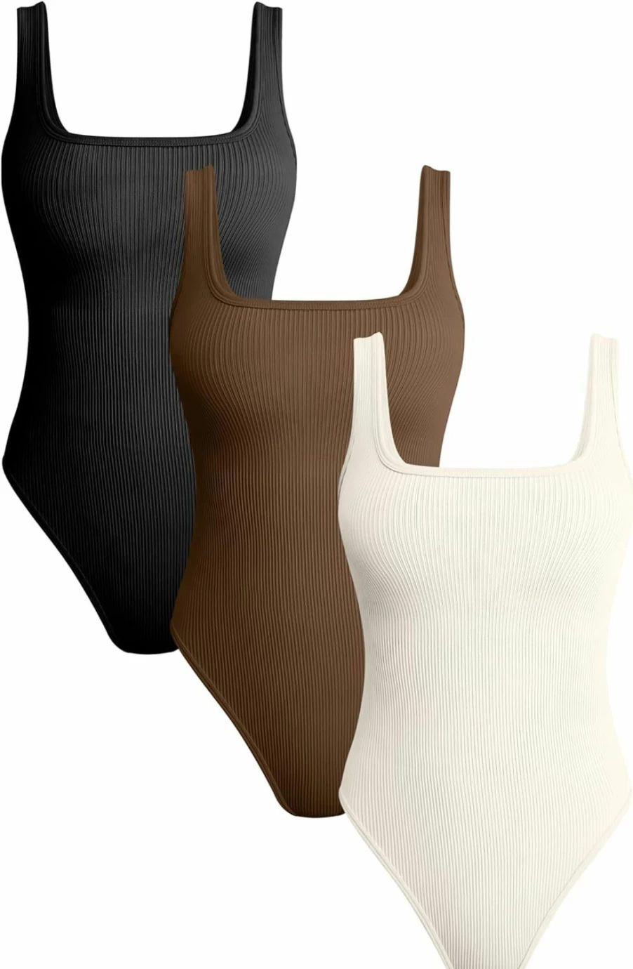 TOB Women's Sexy Ribbed Bodysuit - 3 Piece Sleeveless Square Neck Tank Top Set