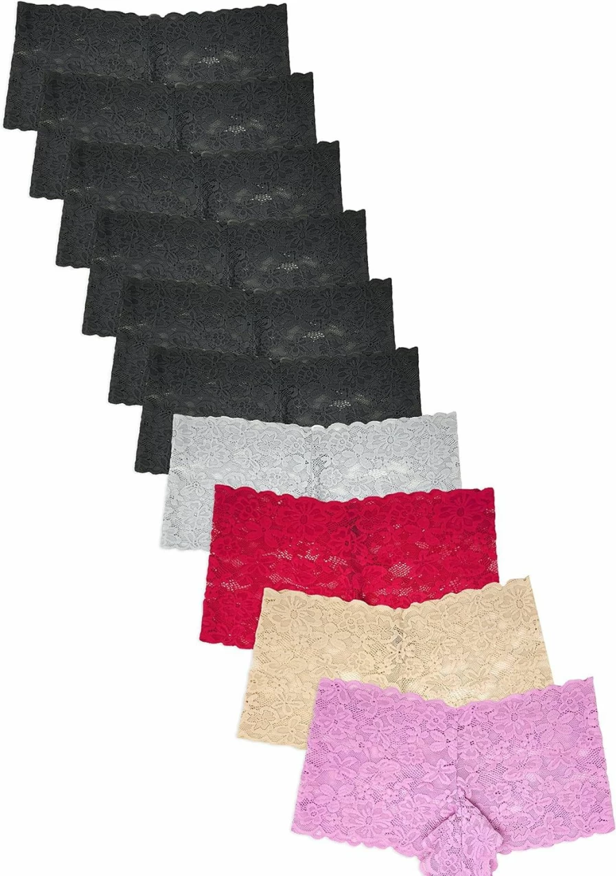 Sexy Basics Women's 10 Pack Lace Boyshort Panties - Ultra Soft Stretchy Lingerie Underwear Set