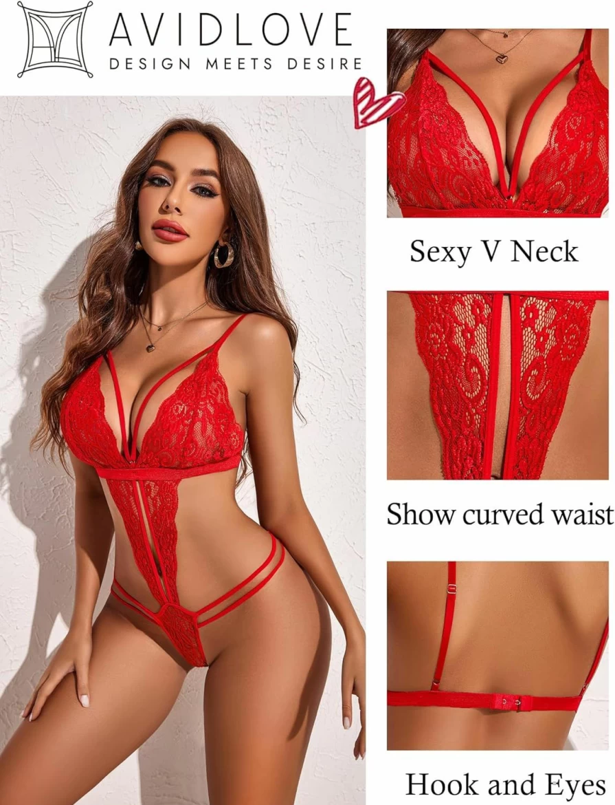 Avidlove Women's Lace Deep V Bodysuit Babydoll Teddy Lingerie One Piece Underwear