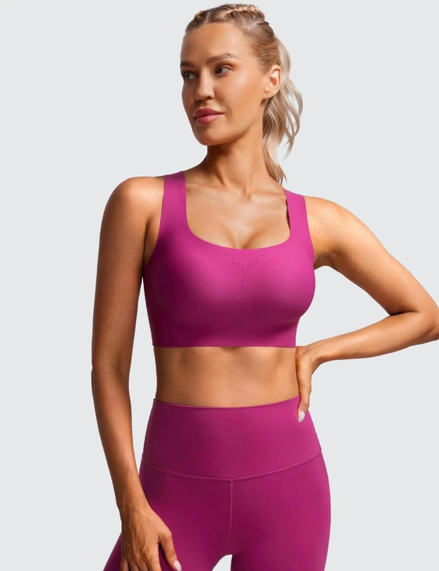CRZ YOGA Women's Medium Impact Sports Bra - Wireless Racerback Workout Top with U-Neck & Padding for Gym & Yoga
