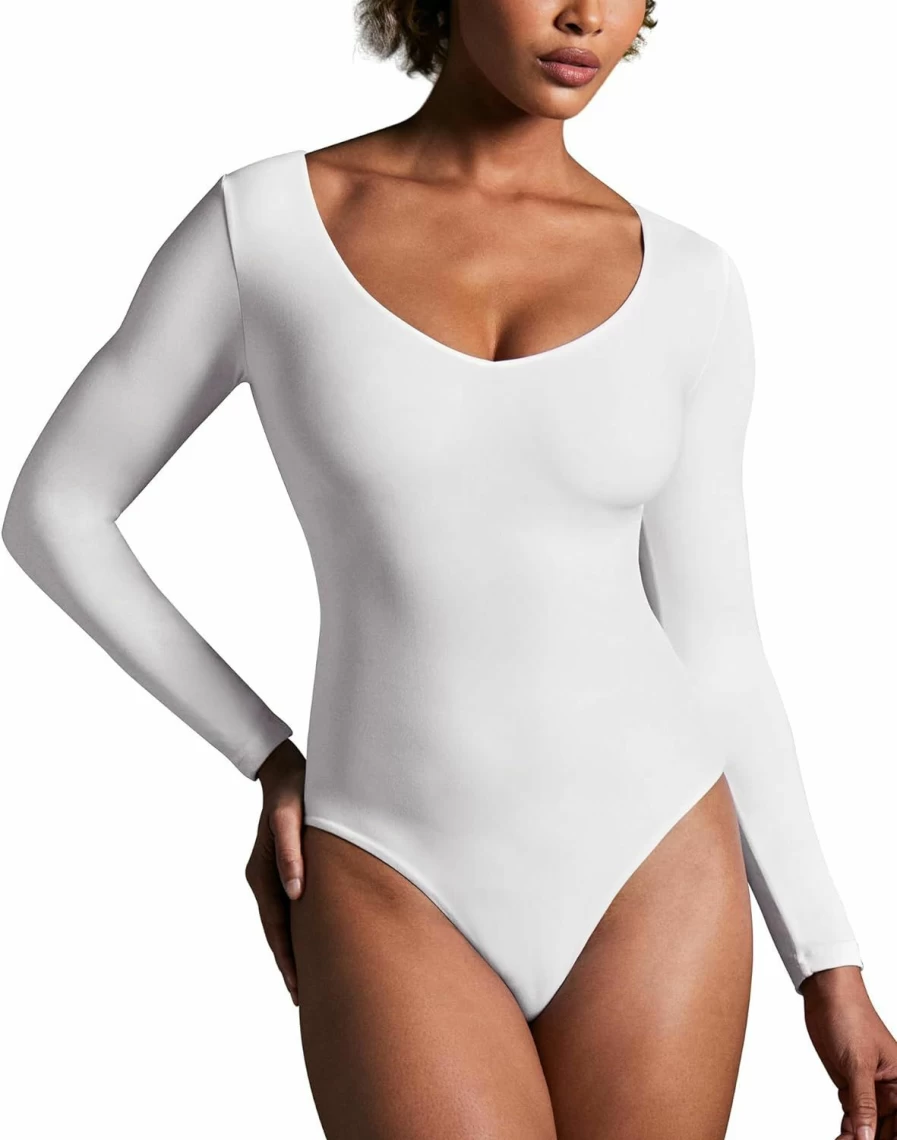 IUGA Women's Tummy Control Shapewear Bodysuit - V Neck Long Sleeve Body Suit for Slimming & Smoothing