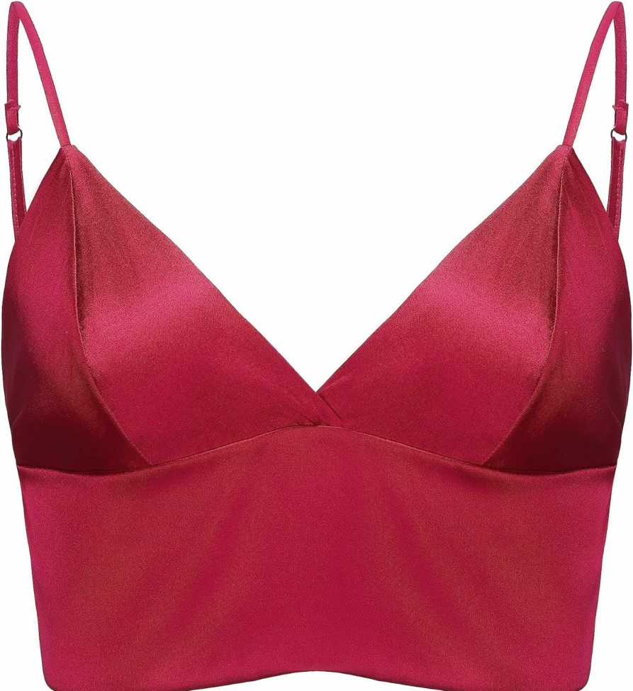 SilRiver Women's Silk Satin Triangle Bralette - Wireless Deep V Neck Crop Top for Teens & Adults