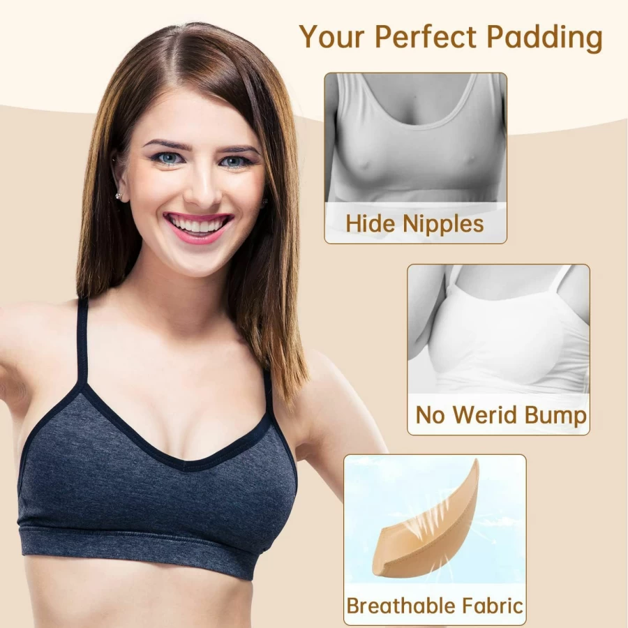 KSang Bra Pads Inserts - 4 Pairs Sewn Edges Breast Padding for Sports Bras, Swimsuits & Bikini - A, B, C, D Cup Sizes - Comfortable & Reusable