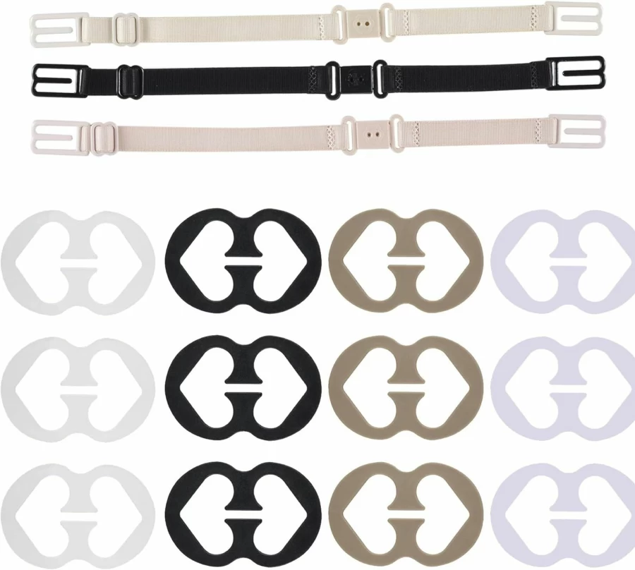 Thsinde Bra Strap Clips - 12 Pack Adjustable Bra Straps Holder for Women in Black, White, Beige - Compatible with Full Cup Sizes
