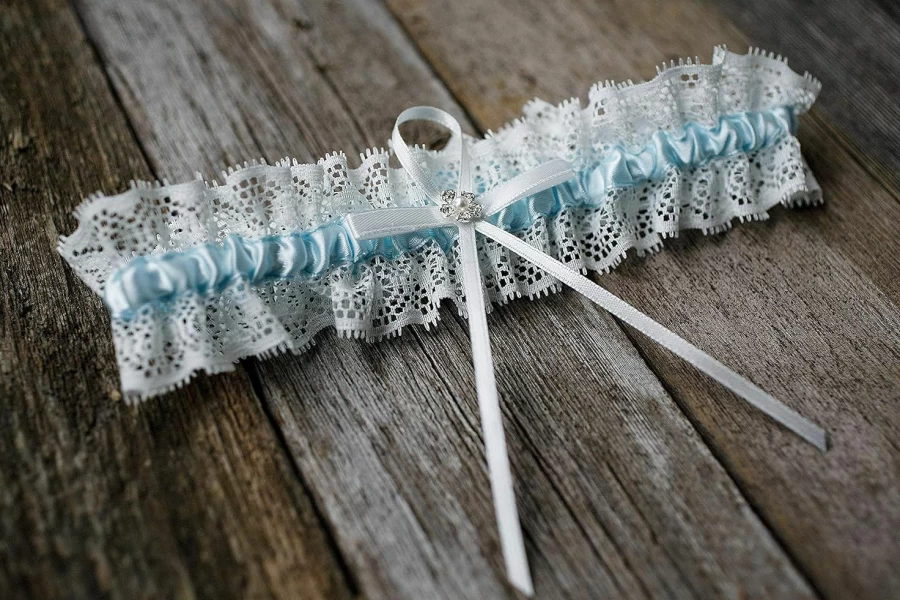 LR Bridal Blue Lace Wedding Garter with Rhinestone Satin Bow for Bride – Elegant Bridal Accessories