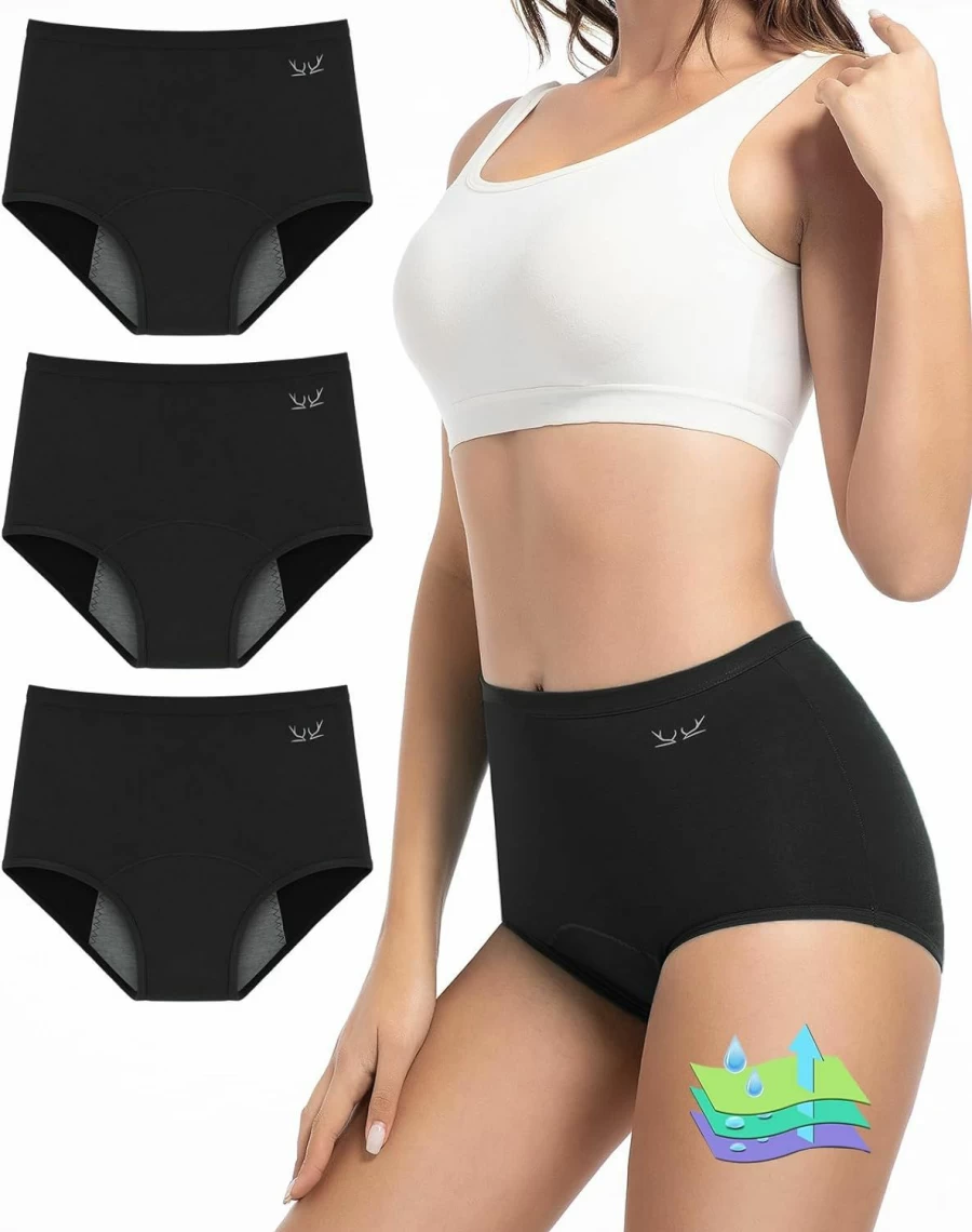 TANSTC Women's High Waisted Period Underwear - Leakproof Menstrual Panties for Heavy Flow, Postpartum & Teens, Soft Cotton Hipster (3-Pack)