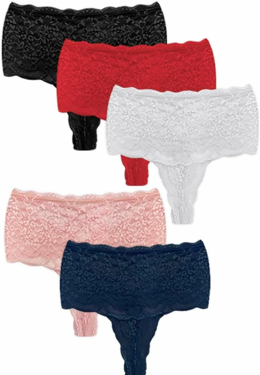 Cottonhill Women's 5-Pack High Waisted Lace Thong Panties with Criss Cross Back - Sexy Comfort Underwear