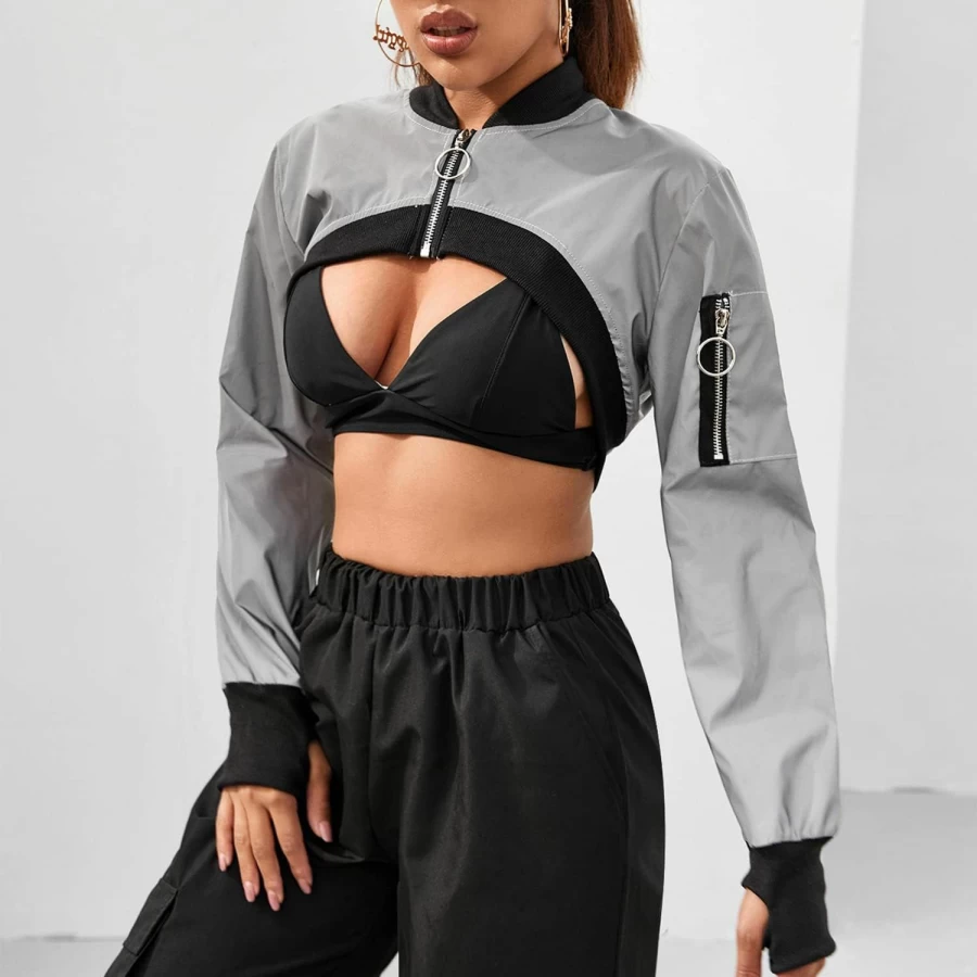 Ypser Reflective Techwear Crop Top - Women's Rave Shirt for EDM Outfits & Nightclub Wear