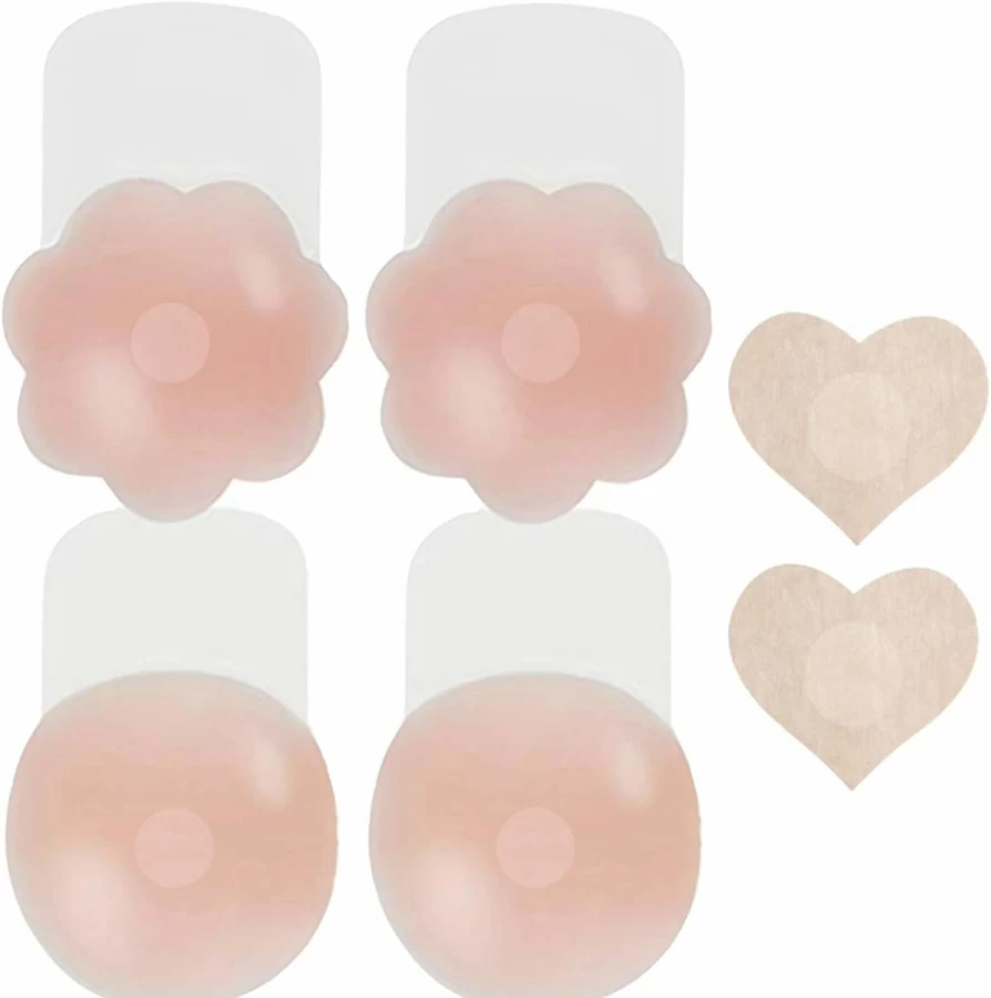 IssTry Reusable Silicone Nipple Covers for Women - Strapless, Sticky Push Up Bra, Invisible Adhesive Tape - Lift & Enhance (Pink)