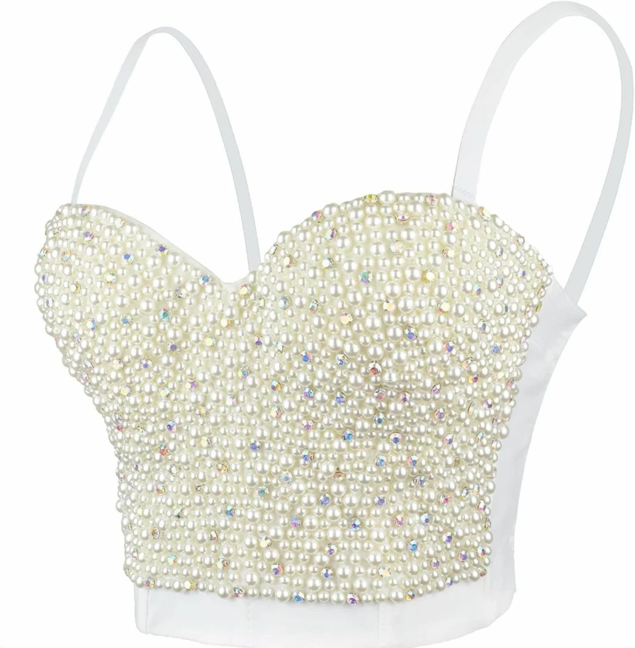 ELLACCI Sexy Pearls & Rhinestone Bustier Corset Top with Detachable Straps - Push Up Crop Top for Women