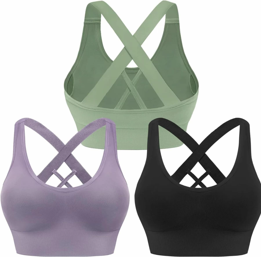 BLUELILY Women's High Impact Sports Bra - Cross Back Strappy Yoga Bra, Seamless Padded Workout Top for Running & Gym