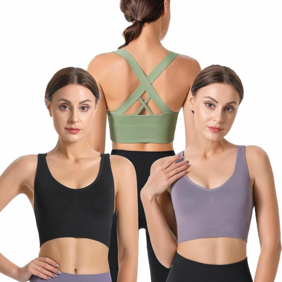 BLUELILY Women's High Impact Sports Bra - Cross Back Strappy Yoga Bra, Seamless Padded Workout Top for Running & Gym