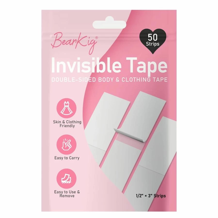 BearKig 50-Strips Double-Sided Fashion Tape for Clothes - Clear, Invisible, Hypoallergenic Fabric Tape for Sensitive Skin - Strong Hold All Day Adhesive
