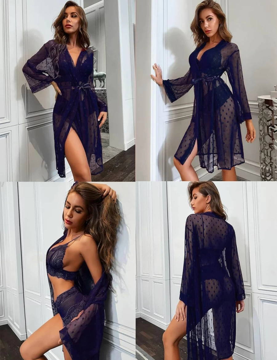 RSLOVE Women's Lace Kimono Robe & Lingerie Set - 3 Piece Sheer Sleepwear with Bra & Panty
