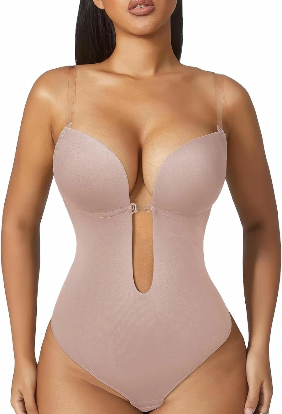 Slimers Women's Plus Size Backless Shapewear Bodysuit - Plunge Low Back Thong Invishaper for Daily Use, Open Crotch Design