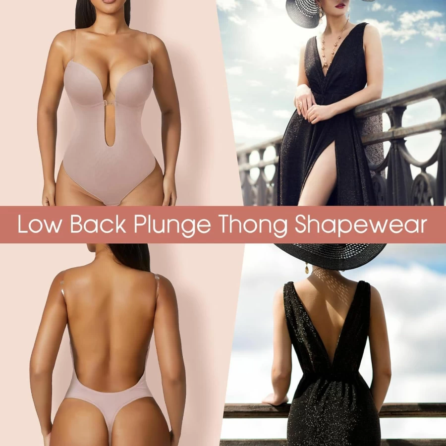 Slimers Women's Plus Size Backless Shapewear Bodysuit - Plunge Low Back Thong Invishaper for Daily Use, Open Crotch Design