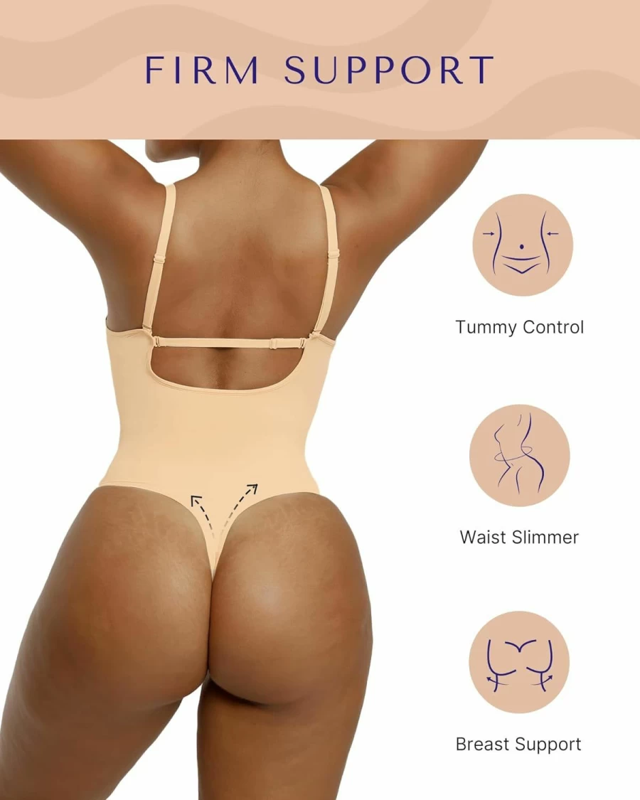 SHAPELLX Women's Tummy Control Shapewear Bodysuit with Removable Straps, Low Back Design & Built-In Bra for Full Body Shaping