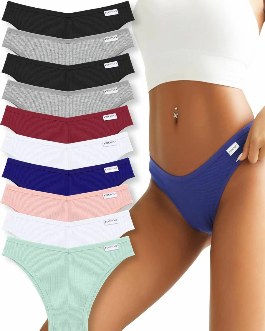 FINETOO Women's Cotton Bikini Panties 10-Pack - Soft Stretch Low Rise Hipster Underwear, Sexy V-Waist Cheeky Briefs Sizes S-XL