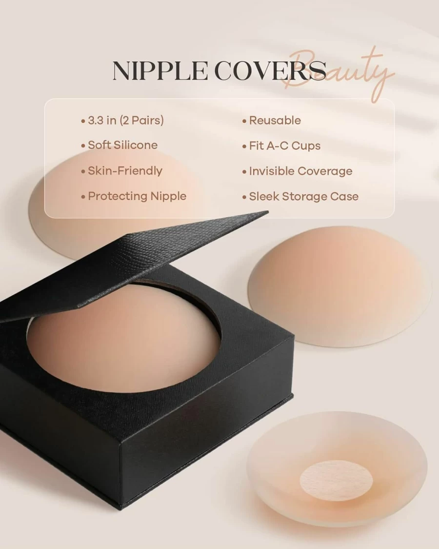 BearKig Reusable Nipple Covers for Women - 2-Pair Nude Pasties with Travel Case, Comfortable Adhesive Breast Petals