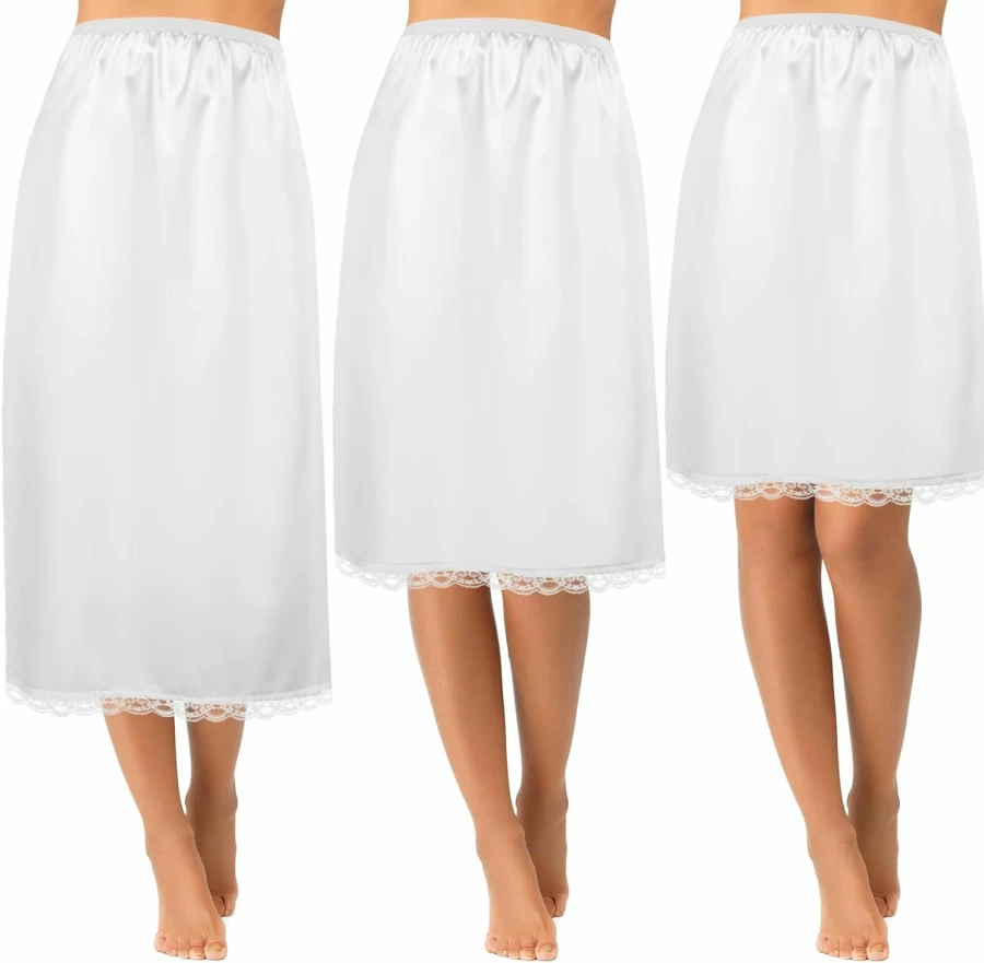 Mepase Women's Satin Half Slips 3-Piece Set - 19", 27", 35" Lengths with Lace Trim for Under Dresses