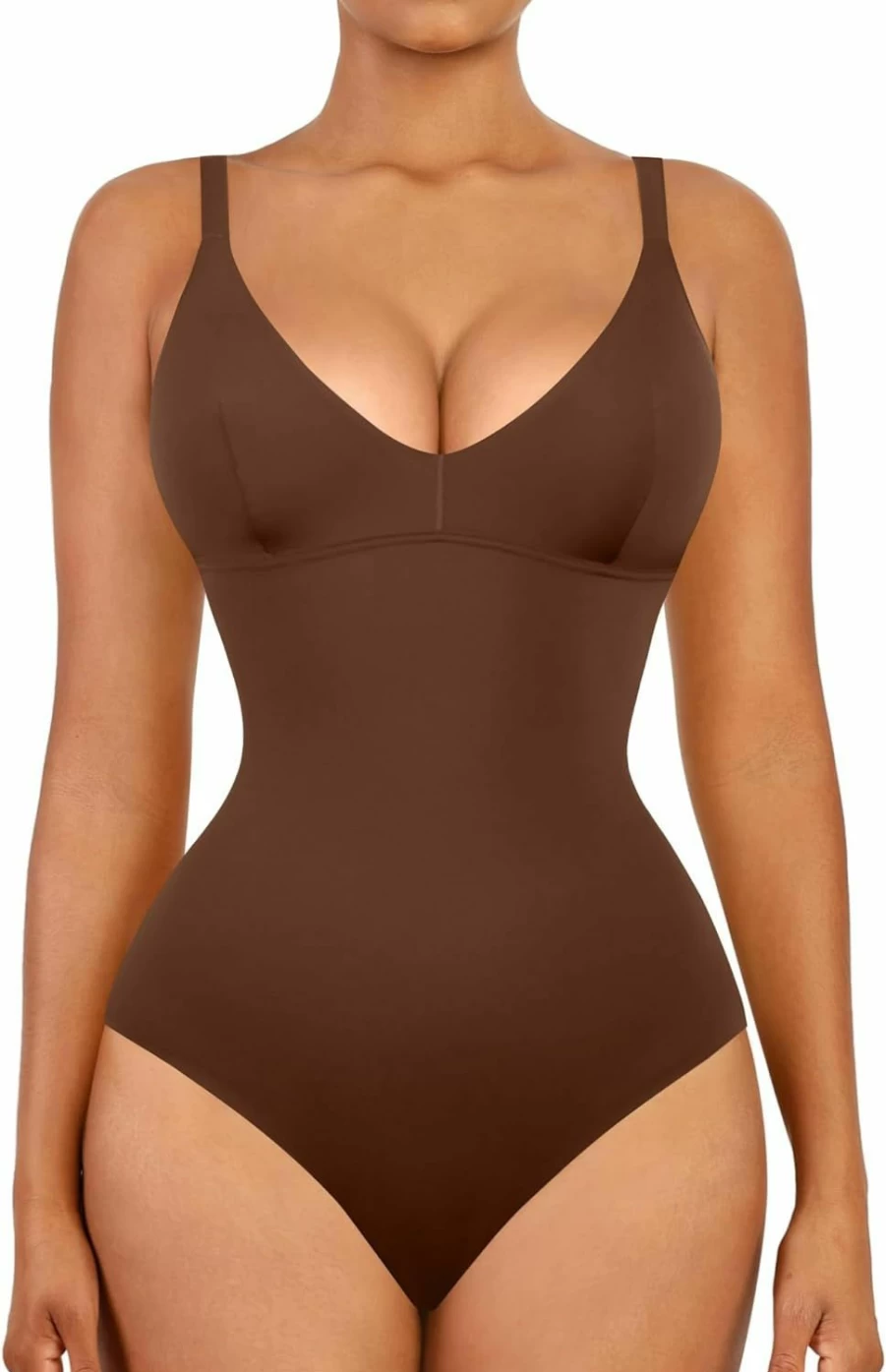 FeelinGirl Deep V Neck Seamless Shapewear Bodysuit for Women - Tummy Control Slimming Body Shaper