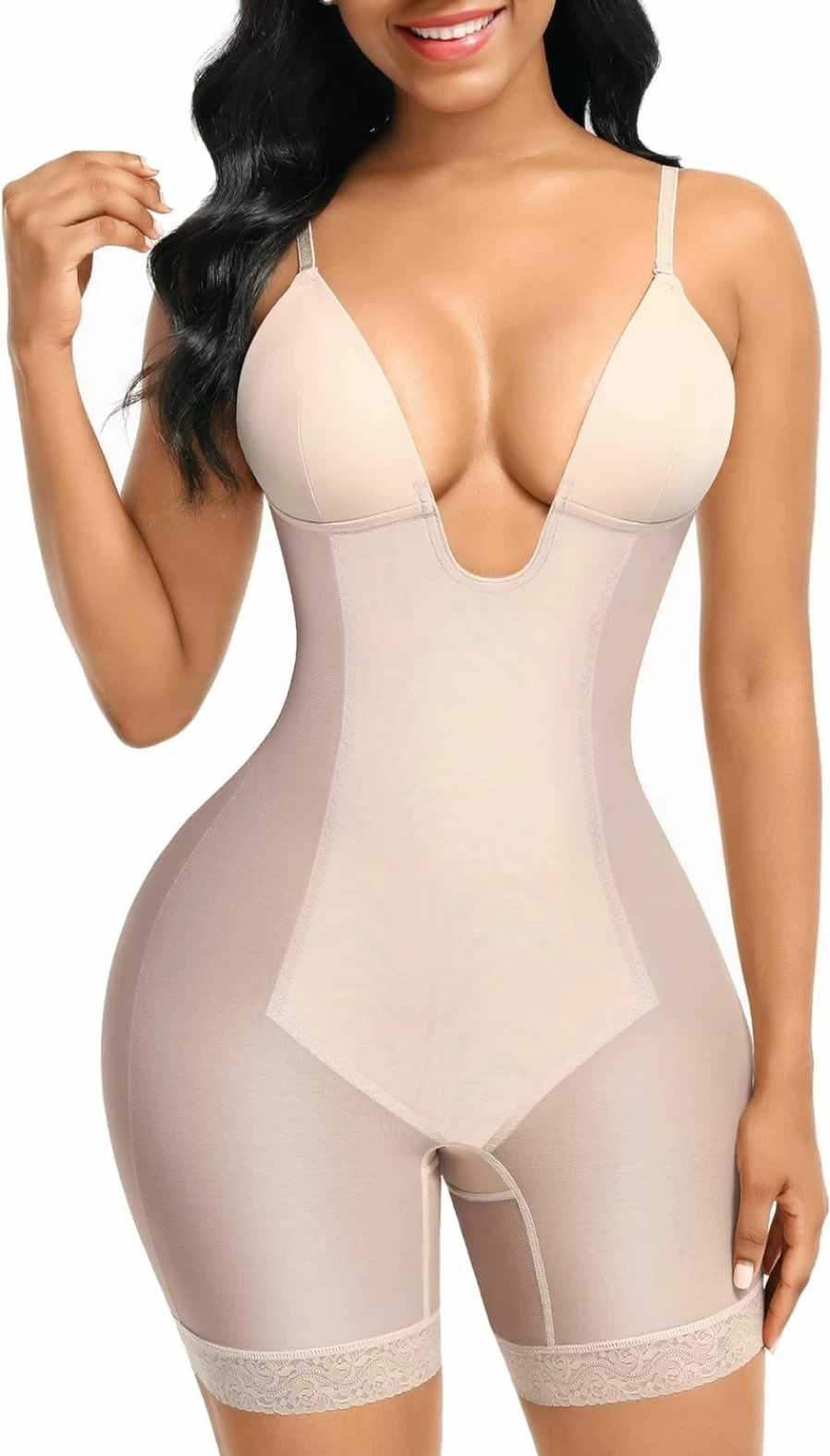 FeelinGirl Women's Tummy Control Shapewear - Seamless U Plunge Bodysuit with Mesh & Built-In Bra for Smoothing & Sculpting