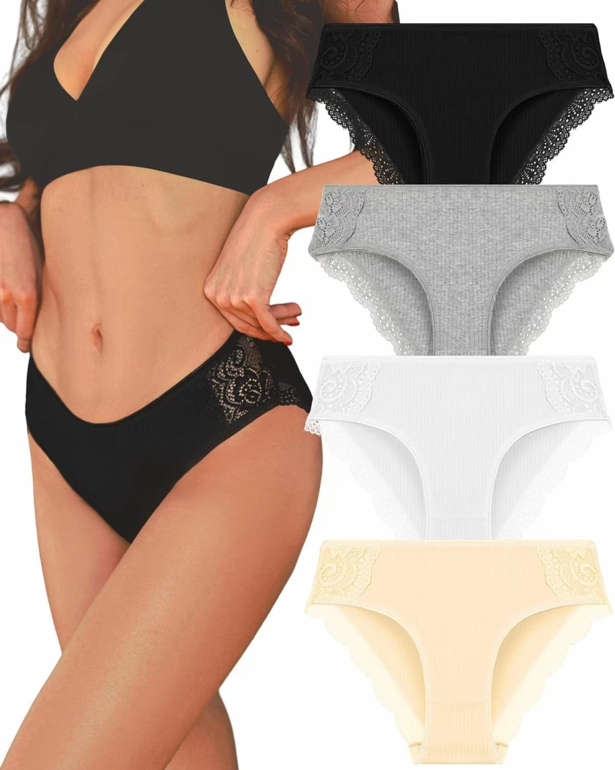 FINETOO Women's Cotton Lace Bikini Panties 4-Pack - Soft Stretch Low Rise Cheeky Hipster Underwear for Ladies