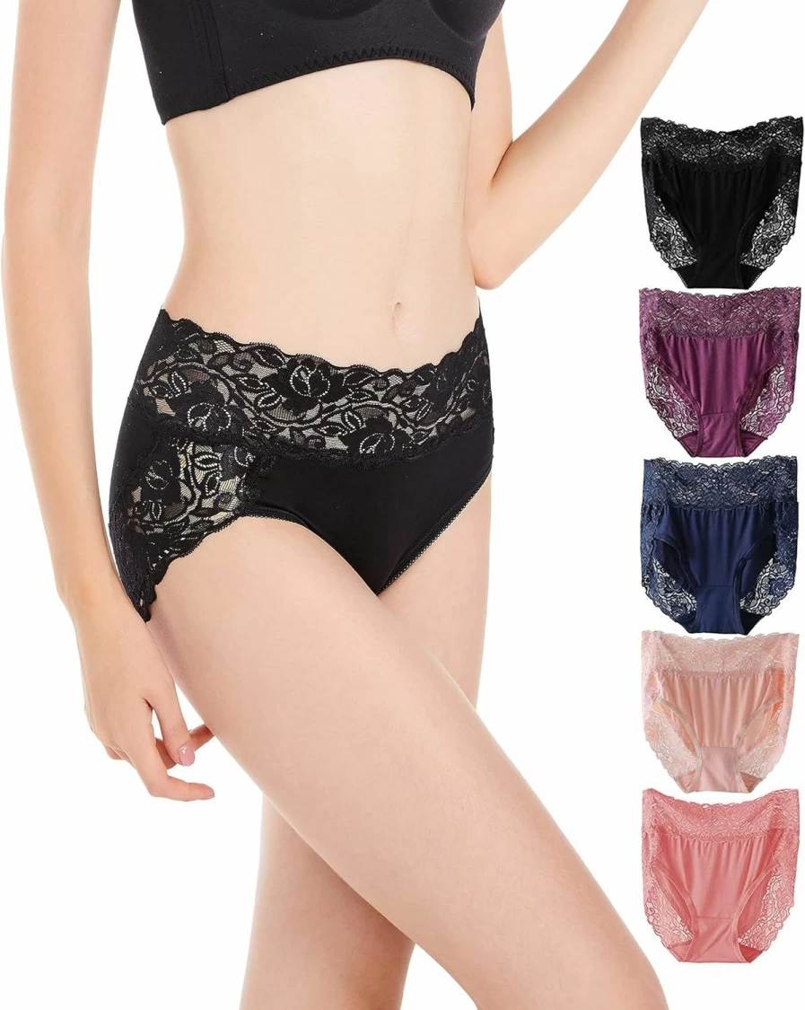 MACUFIEVI Women's Plus Size Lace High Waisted Panties 5-Pack - Sexy Soft Breathable Underwear Briefs for Ladies